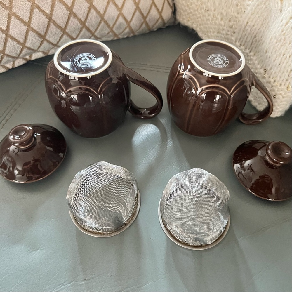 Vintage TEAVANA Brown MCM PORCELAIN 6pc TEA Coffee 8oz CUP MUG SET w/ Infusers - Picture 9 of 16